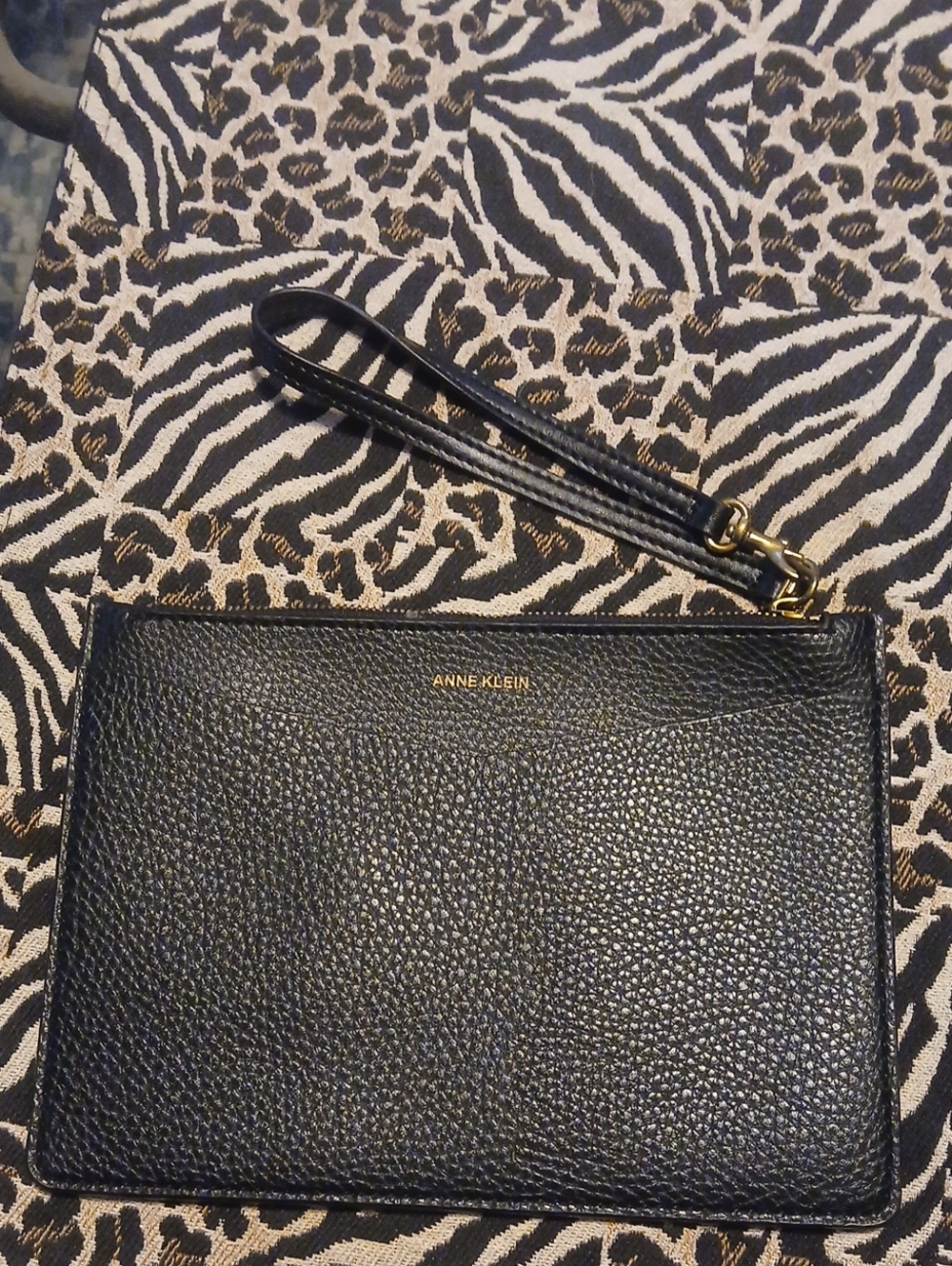 Anne Klein Black Pebbled Leather Wristlet with Gold Logo
